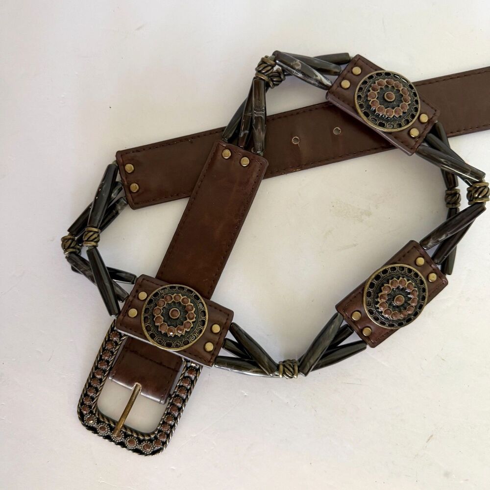 Rolfs, Embellished Medallion Beaded Brown Bronze Belt L, 90s Y2K